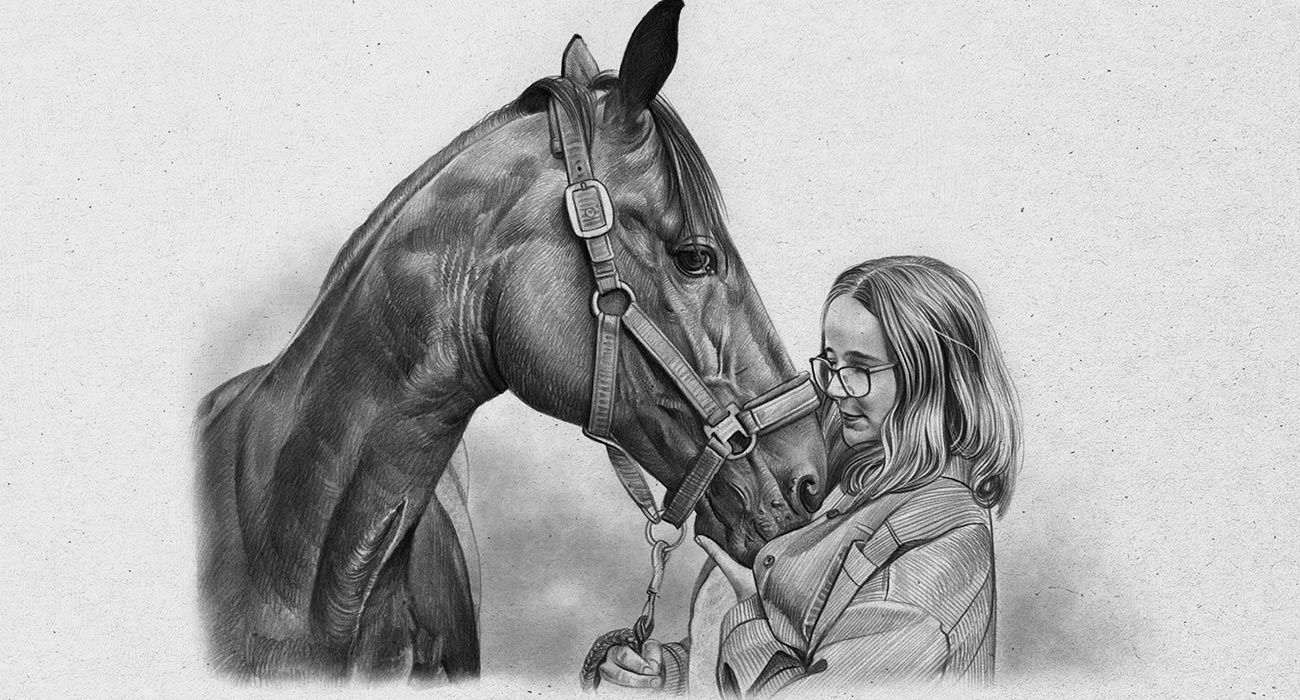 Pferdezeichnung vom Foto mit Reiterin