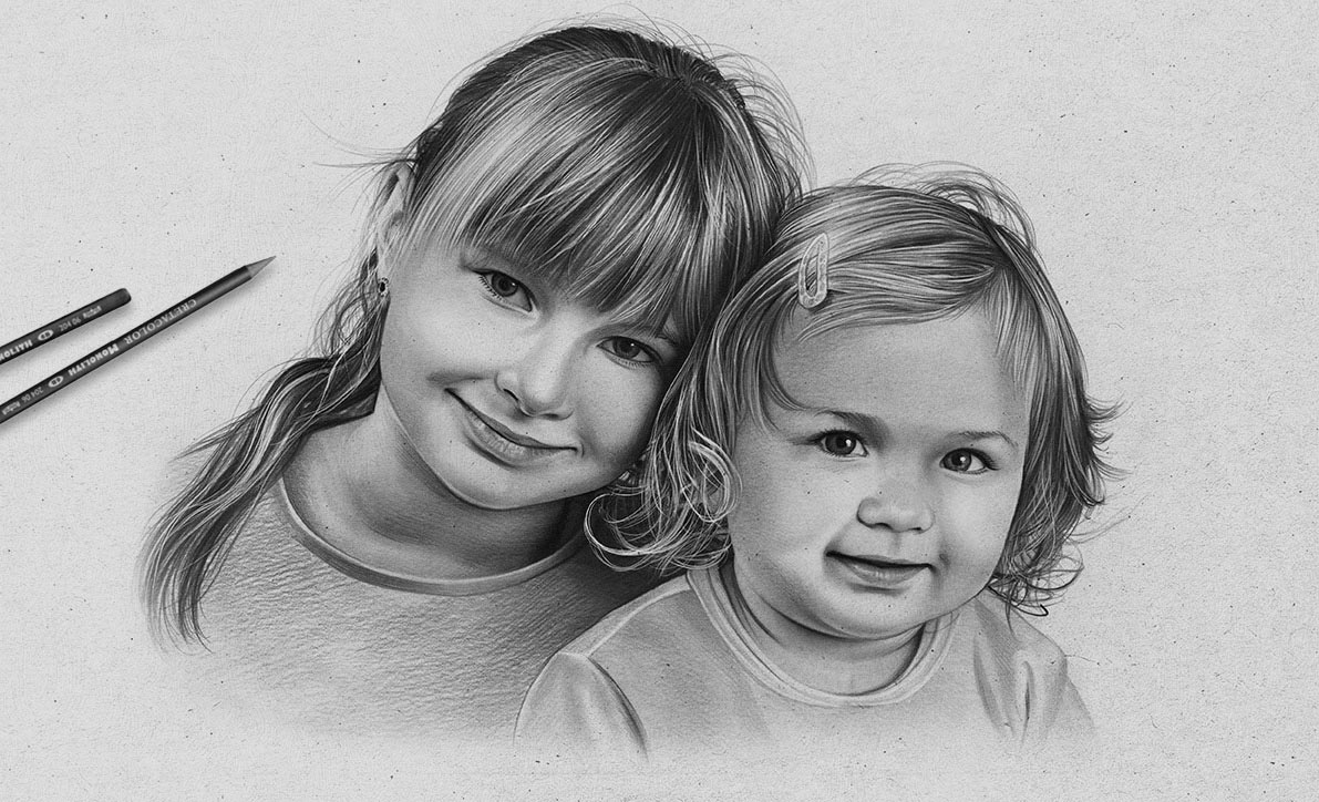 Portrait zeichnen lassen - Bleistiftzeichnung von zwei Kindern